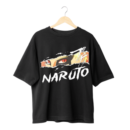 Black t-shirt with 'Naruto' graphic design on a hanger against a white background