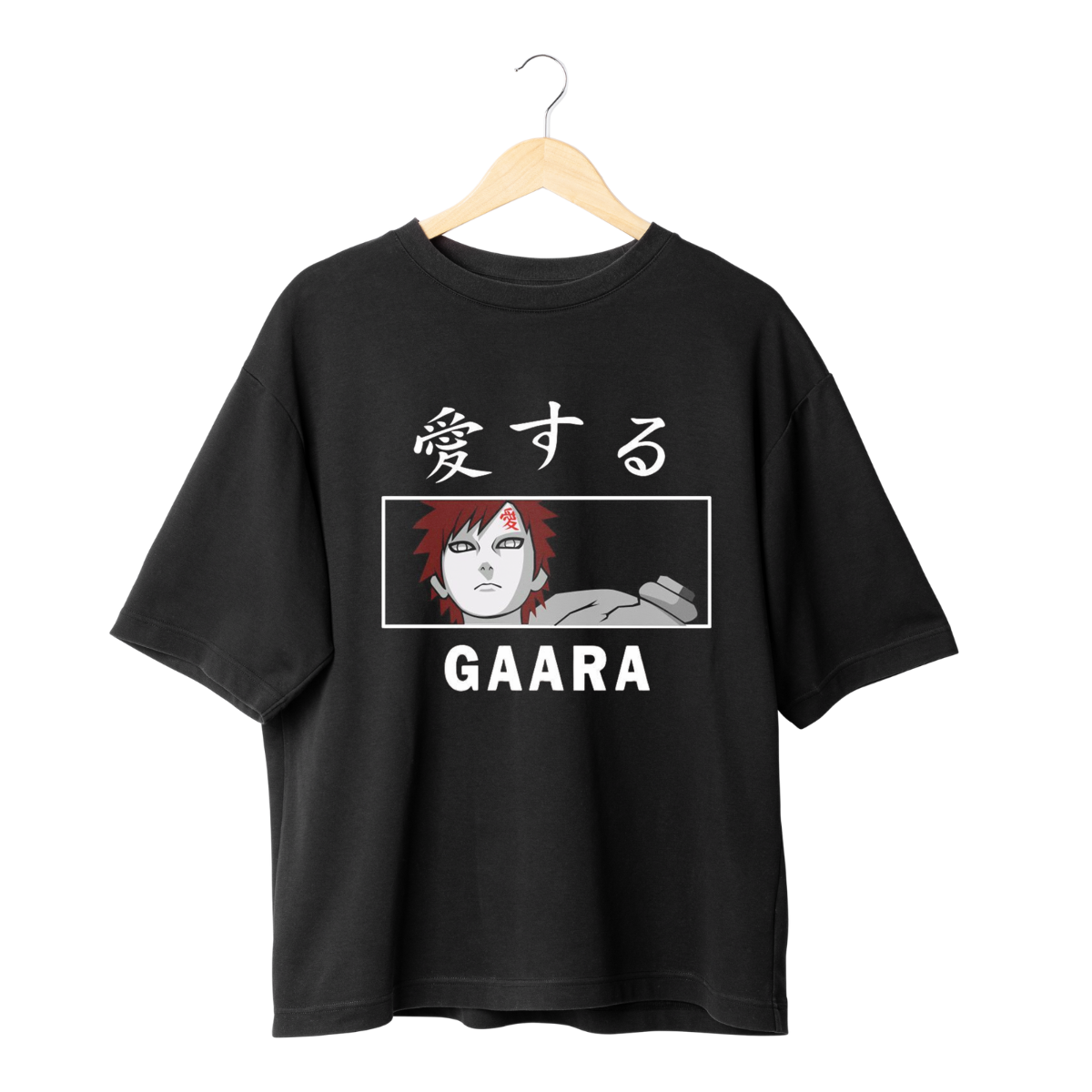 Gaara Black t-shirt with anime character and text on a hanger against a white background