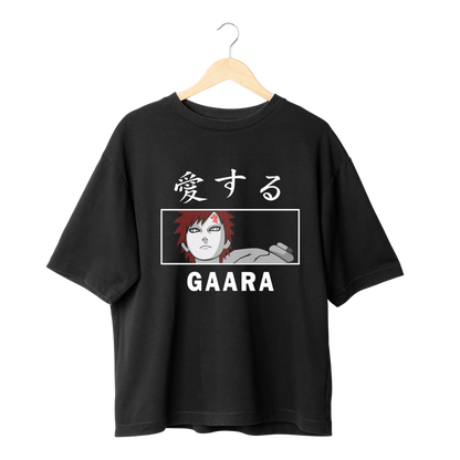 Gaara Black t-shirt with anime character and text on a hanger against a white background