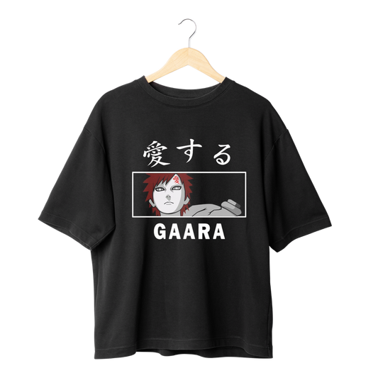 Gaara Black t-shirt with anime character and text on a hanger against a white background