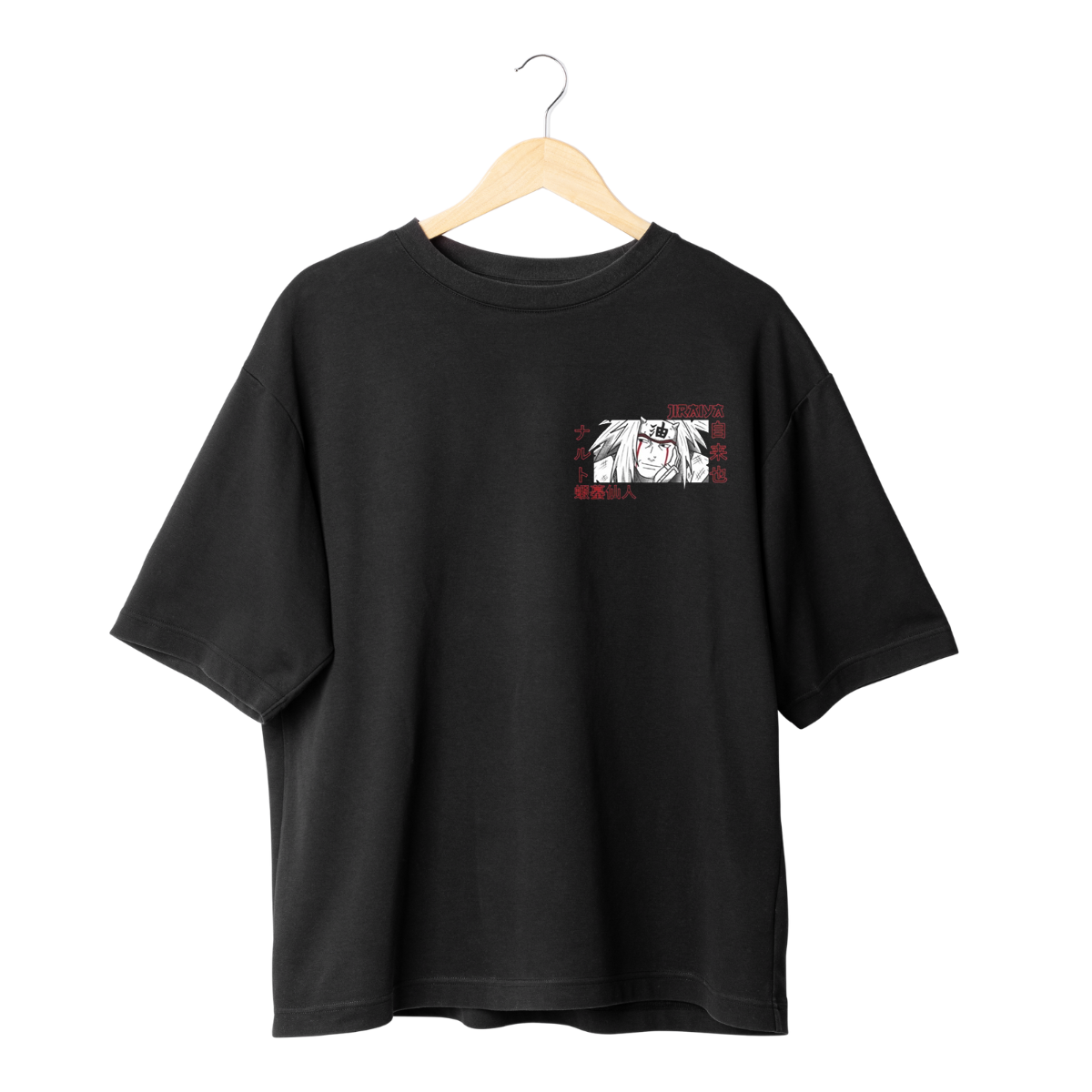 Jiraya Black t-shirt with a graphic design on a hanger