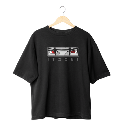 Itachi Uchicha Black t-shirt with graphic design and 'Itachi' text on a hanger against a Black background