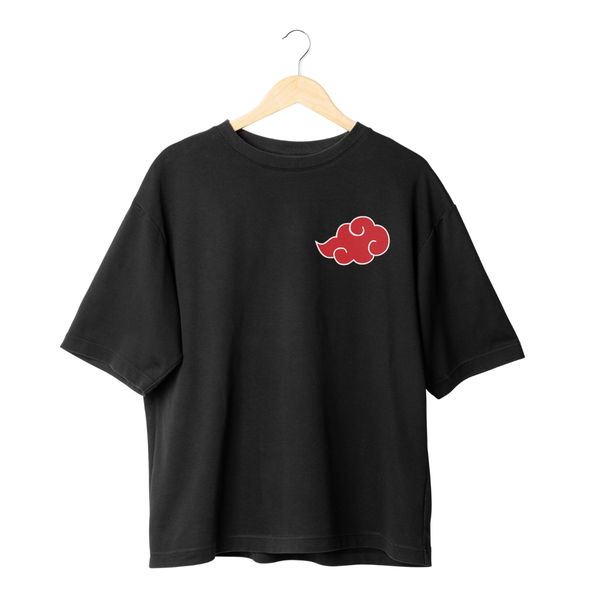 Itachi Uchicha  Black t-shirt with a red cloud design on a hanger against a black background