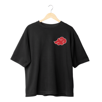 Itachi Uchicha  Black t-shirt with a red cloud design on a hanger against a black background