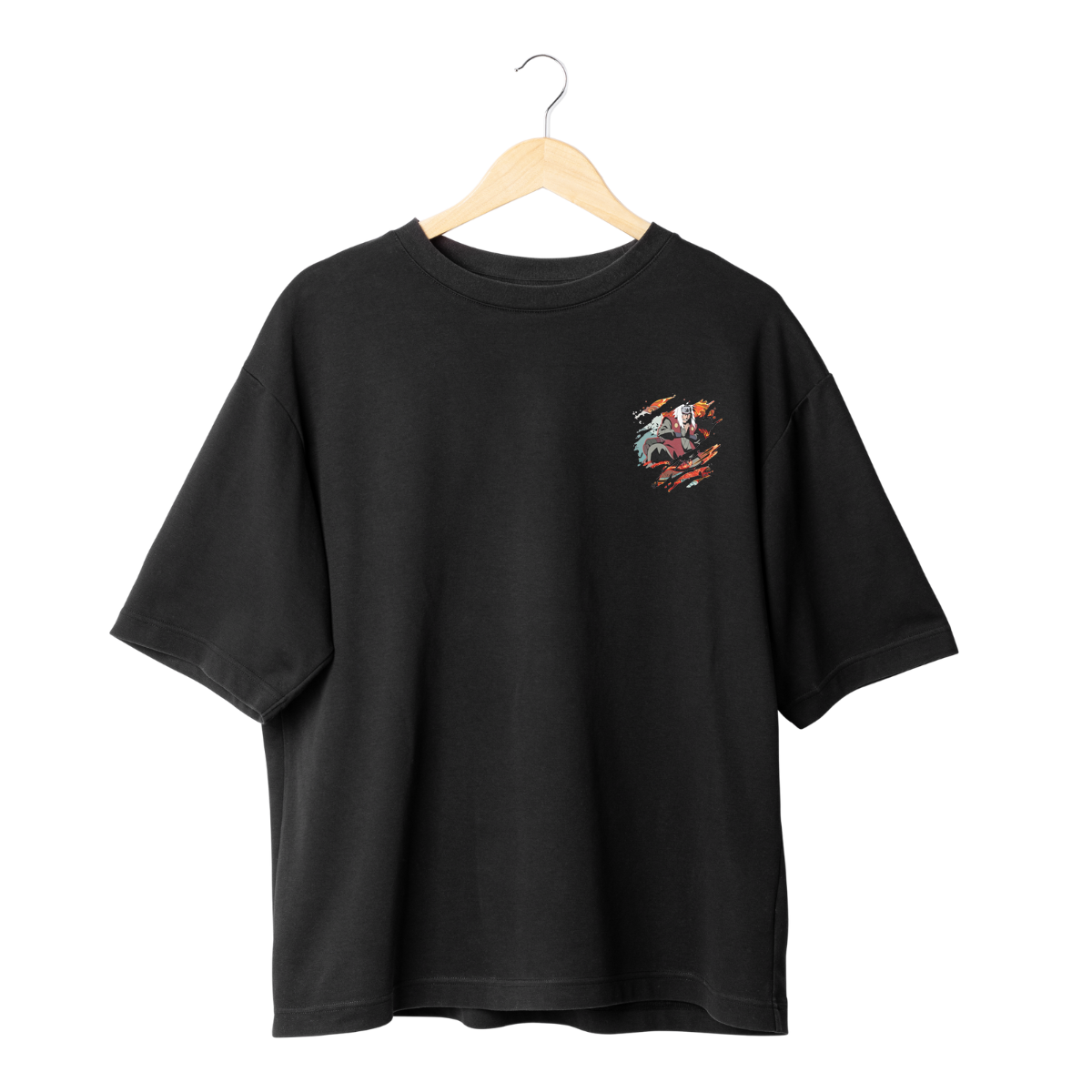 Jiraya Black t-shirt with a small graphic on a hanger