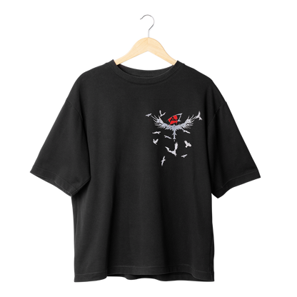 Itachi Uchicha  Black t-shirt with a white graphic design on a hanger against a white background