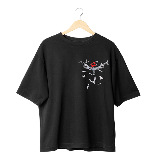 Itachi Uchicha  Black t-shirt with a white graphic design on a hanger against a white background