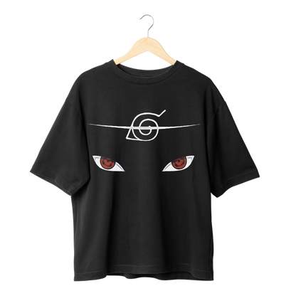 Itachi Uchicha Black t-shirt with eye design and symbol on a hanger against a white background