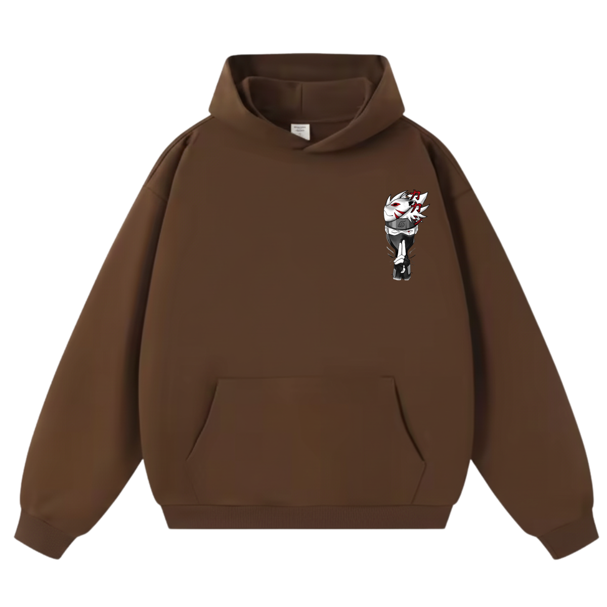 Brown hoodie with a small graphic on the chest against a white background