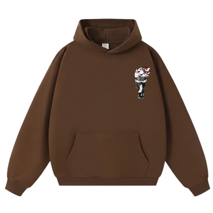Brown hoodie with a small graphic on the chest against a white background