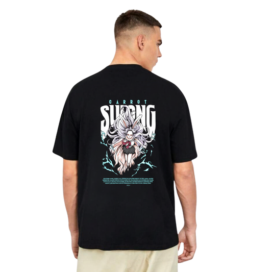 Carrot Sulong Black t-shirt with an illustration of a character and text on a hanger against a white background