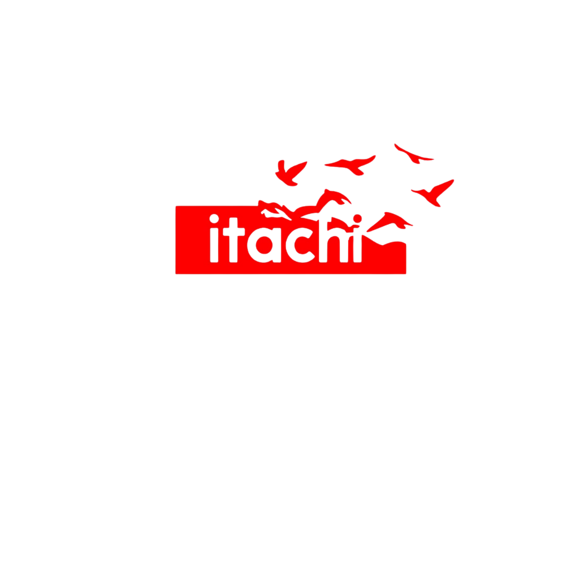 Red 'itachi' logo with bird illustrations