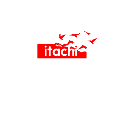 Red 'itachi' logo with bird illustrations
