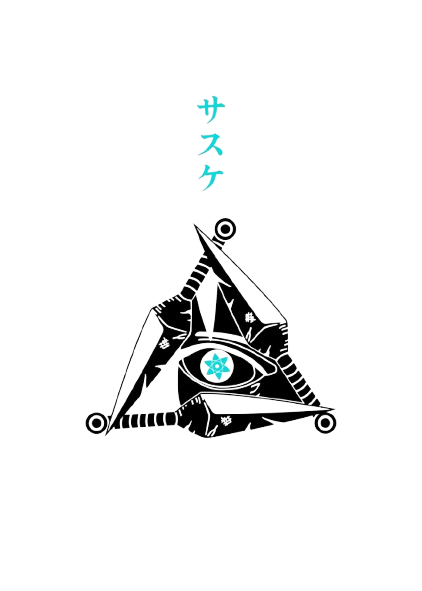 Black geometric design with a stylized eye and Japanese text on a white background