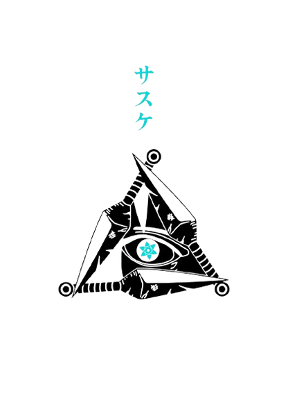 Black geometric design with a stylized eye and Japanese text on a white background