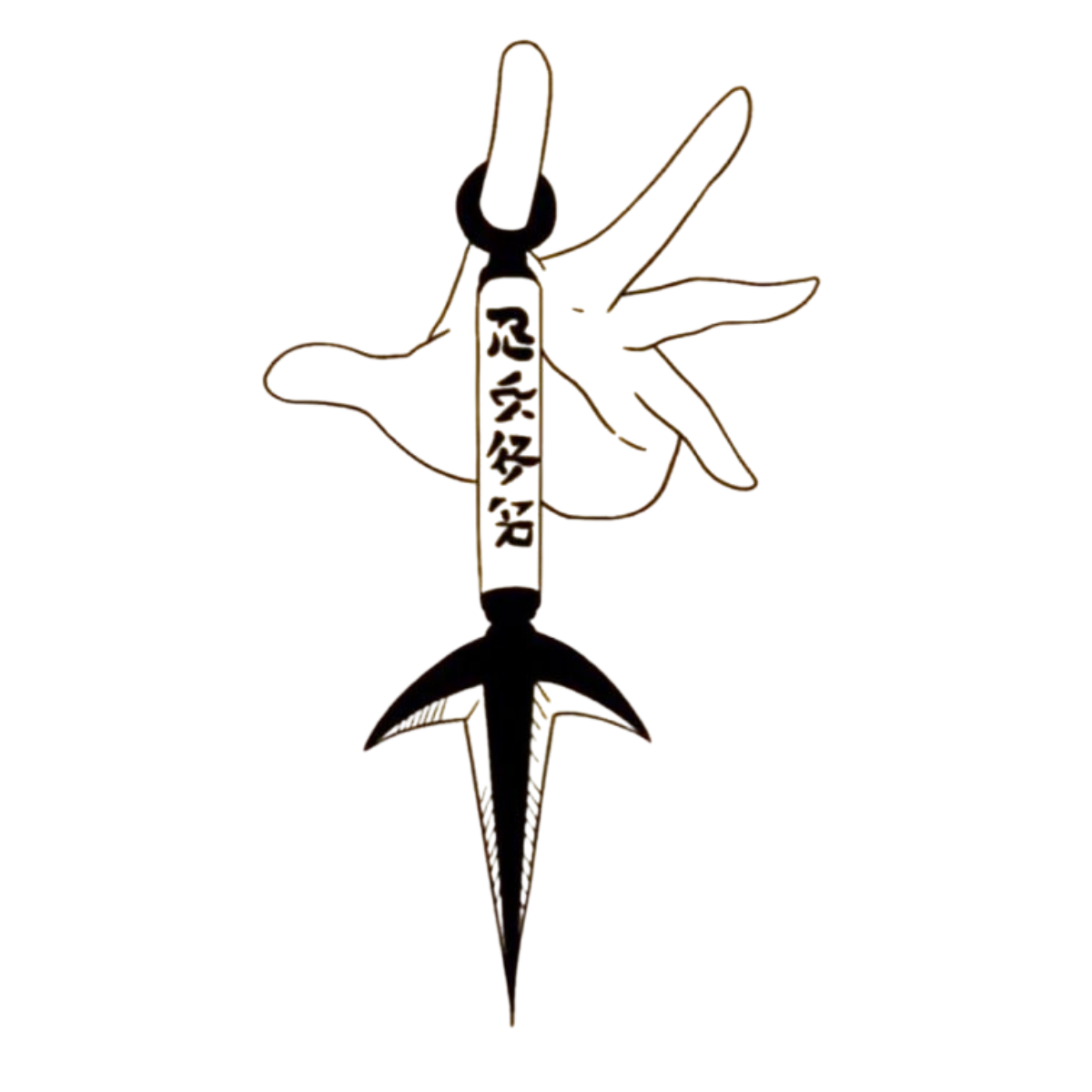 Black and white illustration of a dagger with a hand holding it on a white background