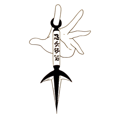 Black and white illustration of a dagger with a hand holding it on a white background