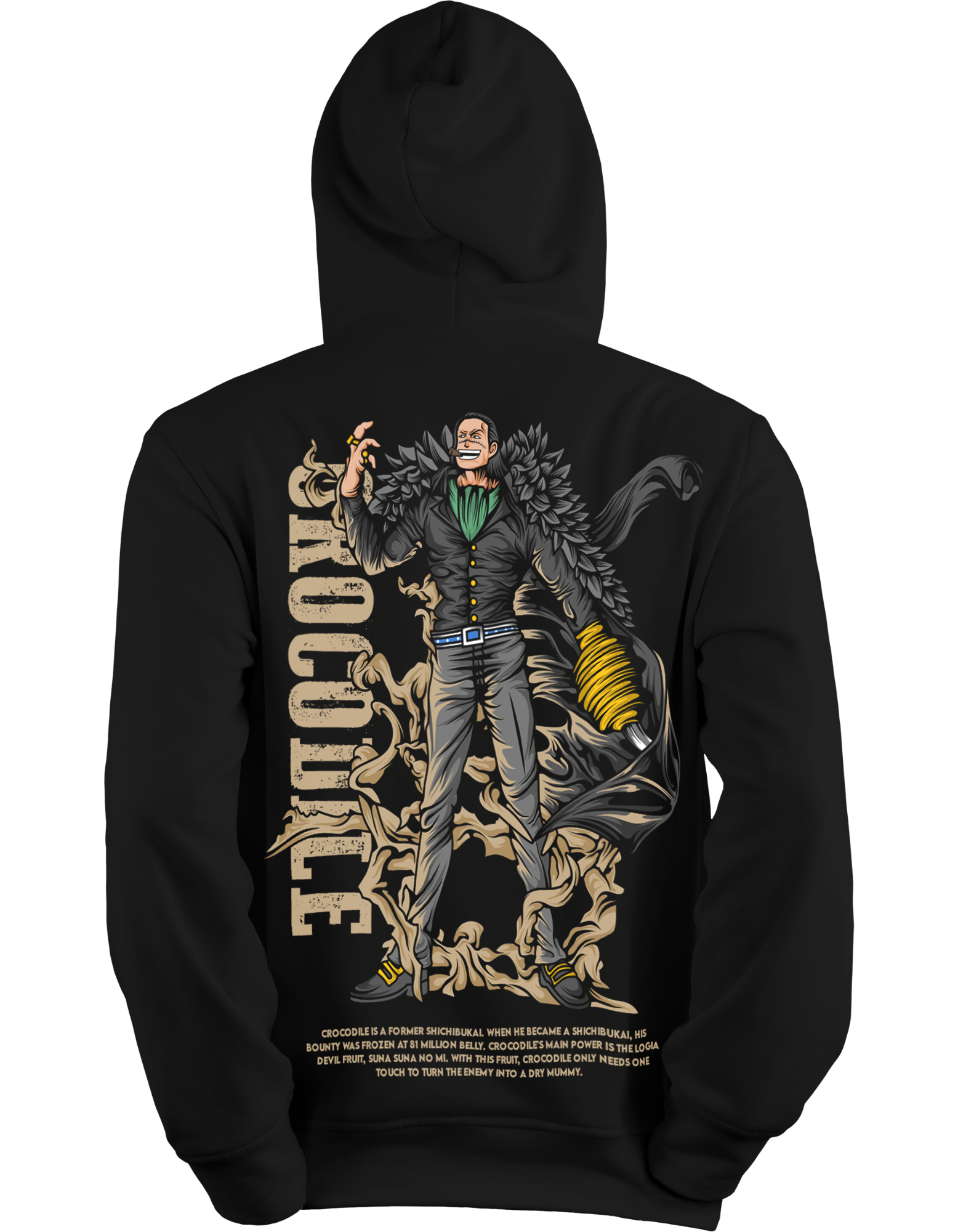 Sir Crocodile Black hoodie with a graphic design on the back featuring a character and text.