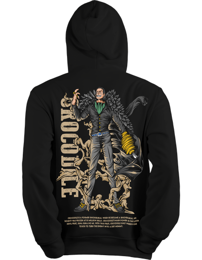 Sir Crocodile Black hoodie with a graphic design on the back featuring a character and text.