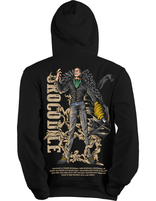 Sir Crocodile Black hoodie with a graphic design on the back featuring a character and text.