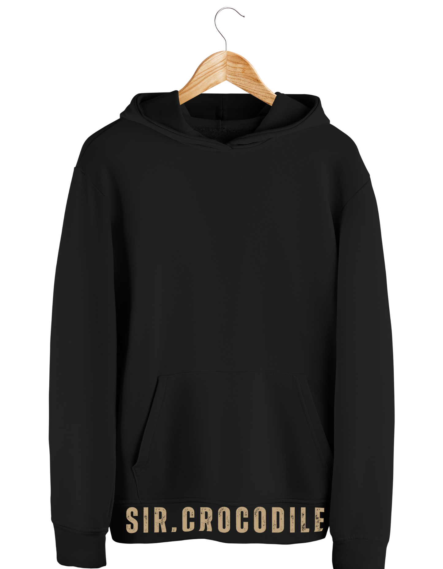 Sir Crocodile Black hoodie with 'SIR.CROCODILE' branding on a wooden hanger against a white background