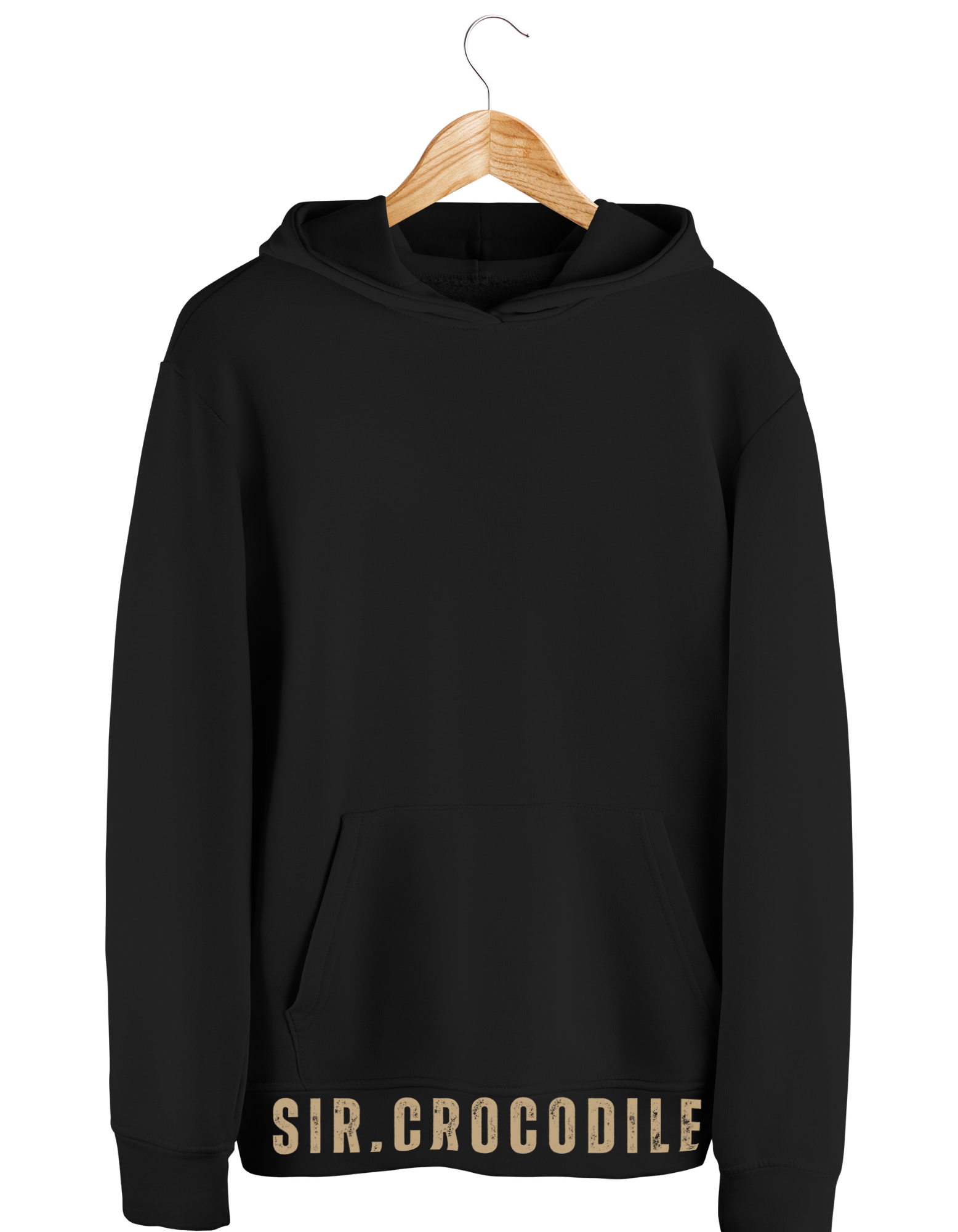 Sir Crocodile Black hoodie with 'SIR.CROCODILE' branding on a wooden hanger against a white background