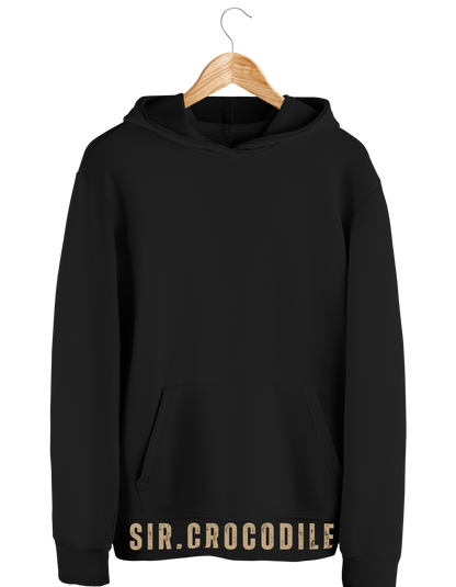 Sir Crocodile Black hoodie with 'SIR.CROCODILE' branding on a wooden hanger against a white background