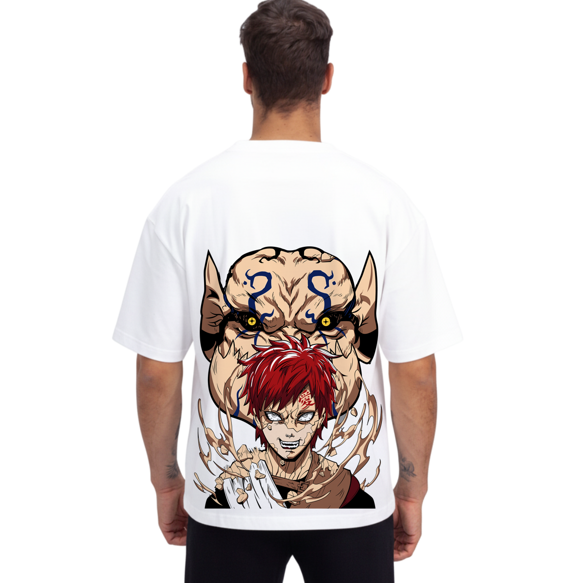 Person wearing a Gaara t-shirt with a graphic design on the back