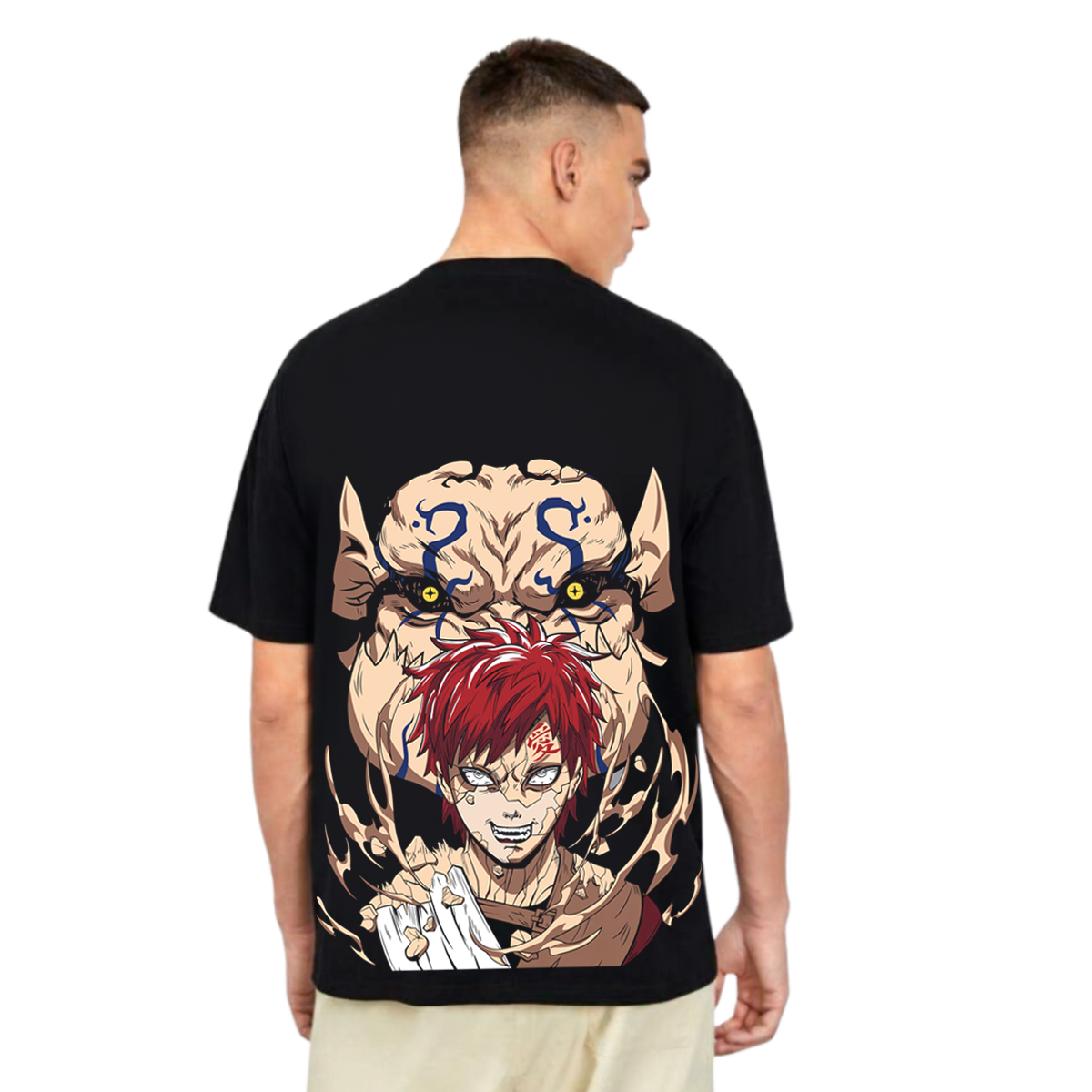 Black HumanMockupBlackBack t-shirt featuring red-haired anime character with cracked skin and fierce demon face design on back