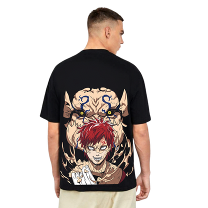 Black HumanMockupBlackBack t-shirt featuring red-haired anime character with cracked skin and fierce demon face design on back
