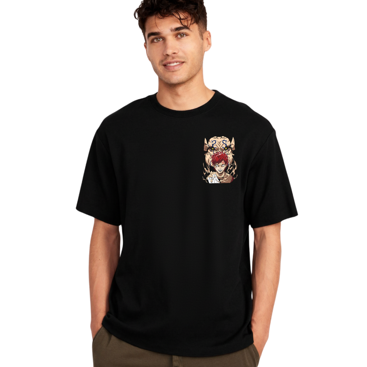 Man wearing a Gaara t-shirt with a graphic design on chest