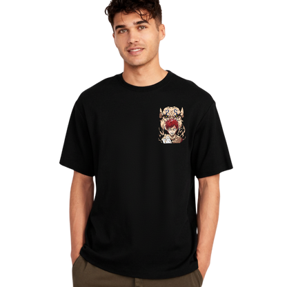 Man wearing a Gaara t-shirt with a graphic design on chest