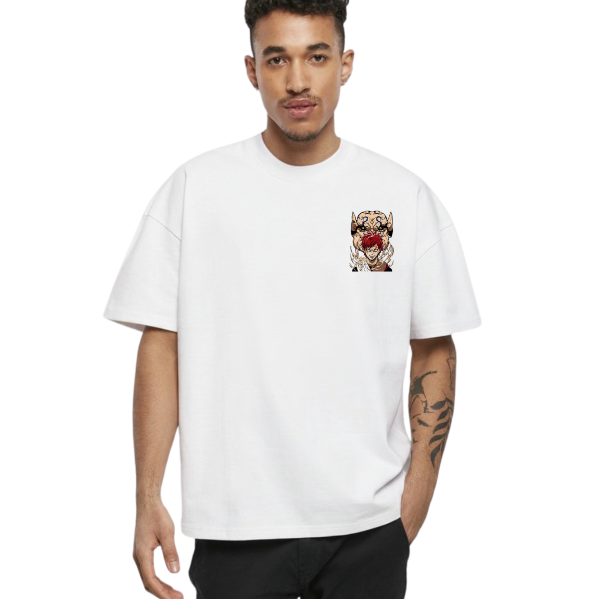 Man wearing a Gaara t-shirt with a colorful graphic design on a white 