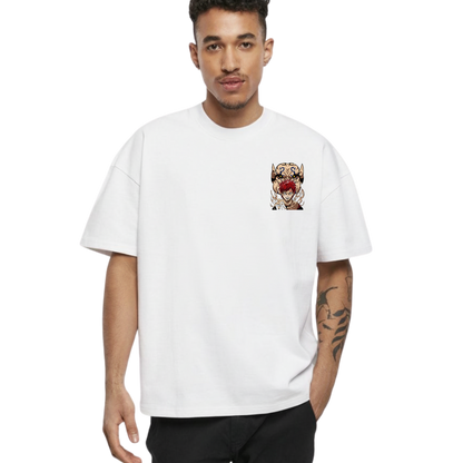 Man wearing a Gaara t-shirt with a colorful graphic design on a white 