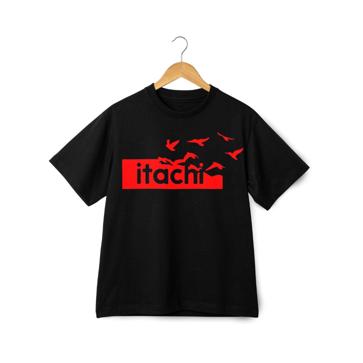 Black t-shirt with red 'itachi' logo on a hanger against a white background