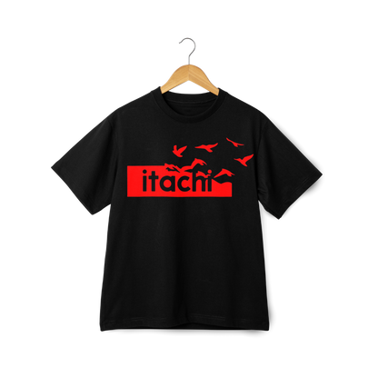 Black t-shirt with red 'itachi' logo on a hanger against a white background