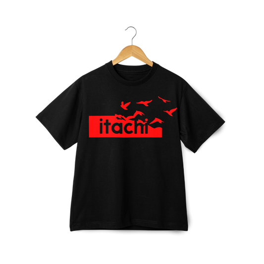 Black t-shirt with red 'itachi' logo on a hanger against a white background