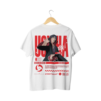 White Uchicha Itachi t-shirt with graphic design and text on a white background