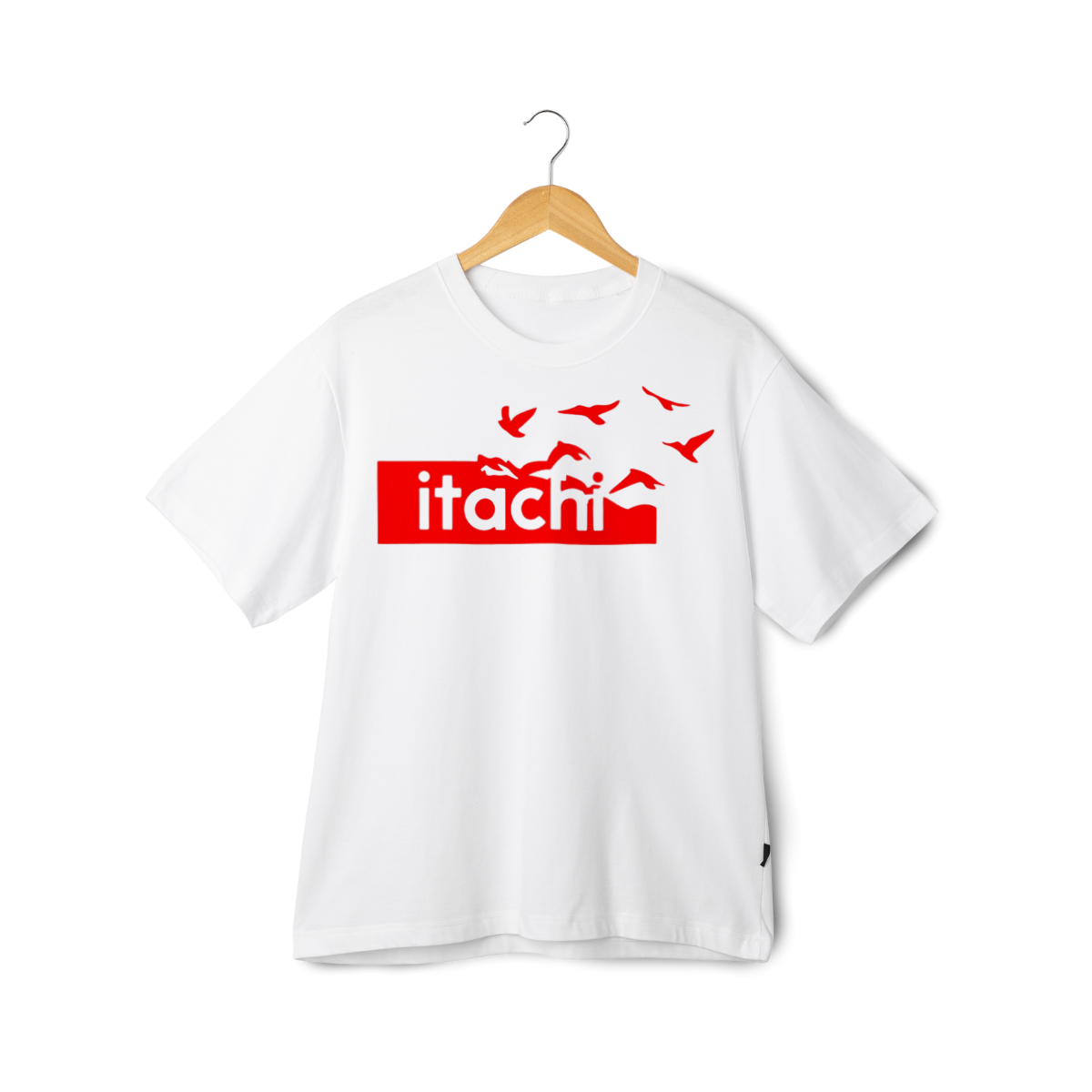 White t-shirt with red 'itachi' logo on a wooden hanger against a white background