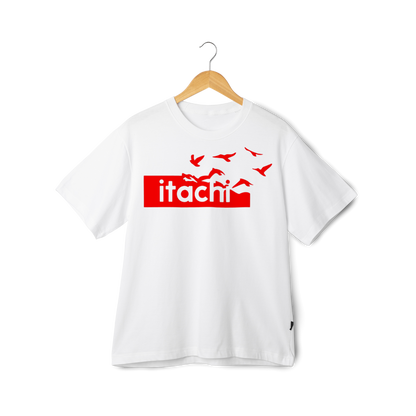 White t-shirt with red 'itachi' logo on a wooden hanger against a white background