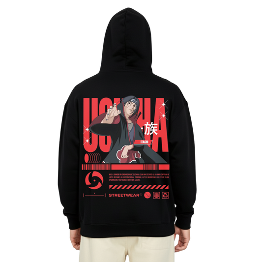Black hoodie featuring Itachi Uchiha Hoodie Crows Edition anime character and red graphic design