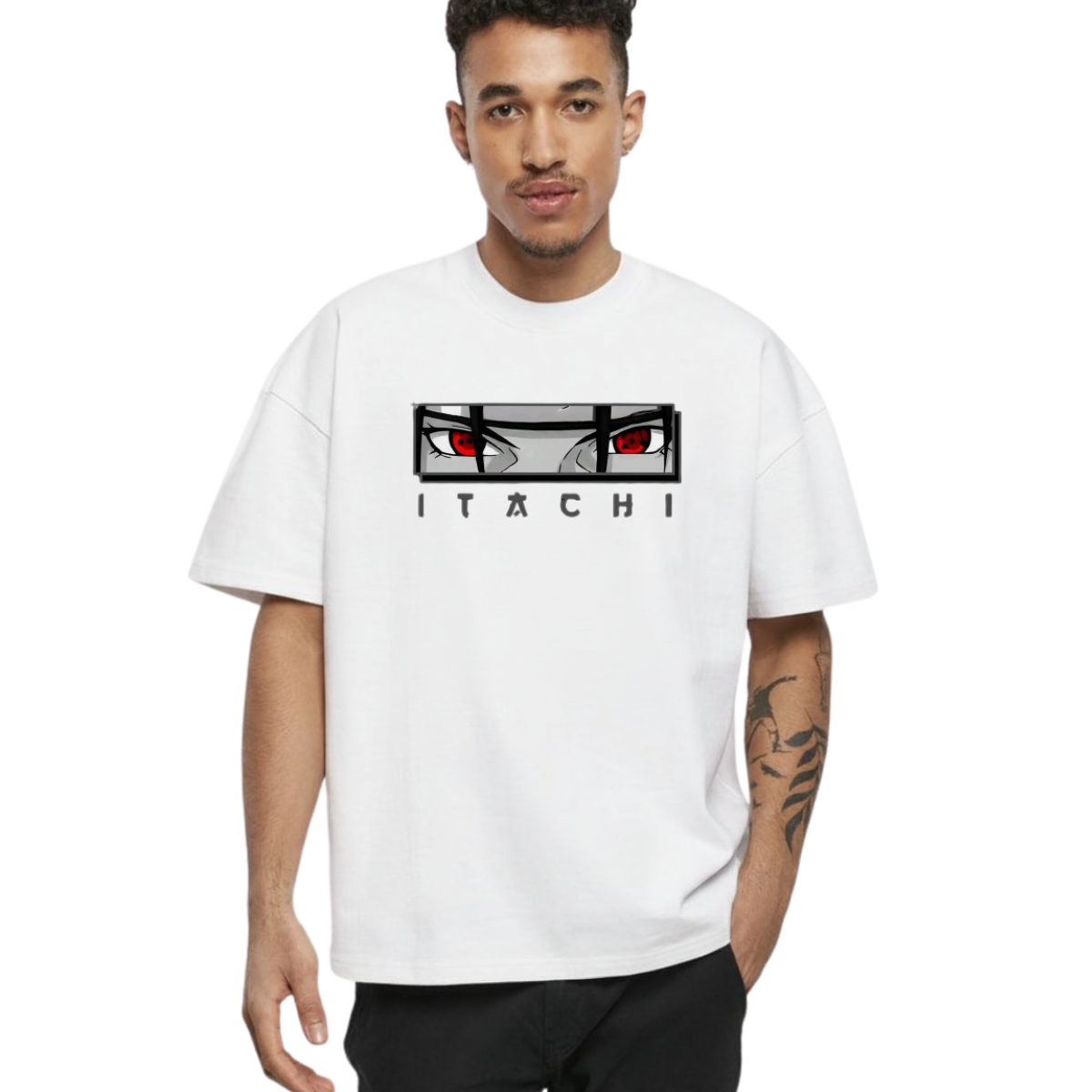 man wearing white Itachi Uchicha T-Shirt with black and red stylized eyes design