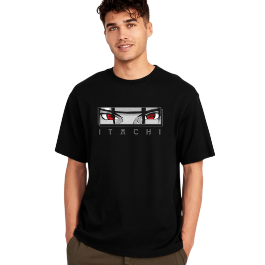 Man wearing black Itachi Uchicha T-Shirt featuring anime eyes and stylized text