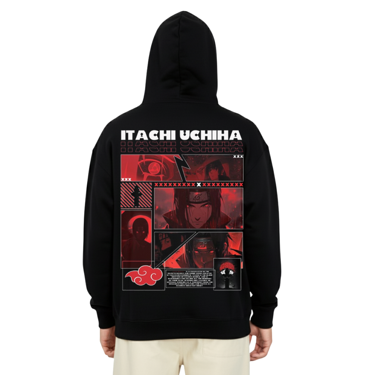 Black hoodie with 'Itachi Uchiha' design on the back, featuring red and white graphics.