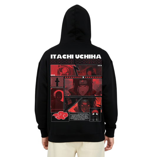 Black hoodie with 'Itachi Uchiha' design on the back, featuring red and white graphics.
