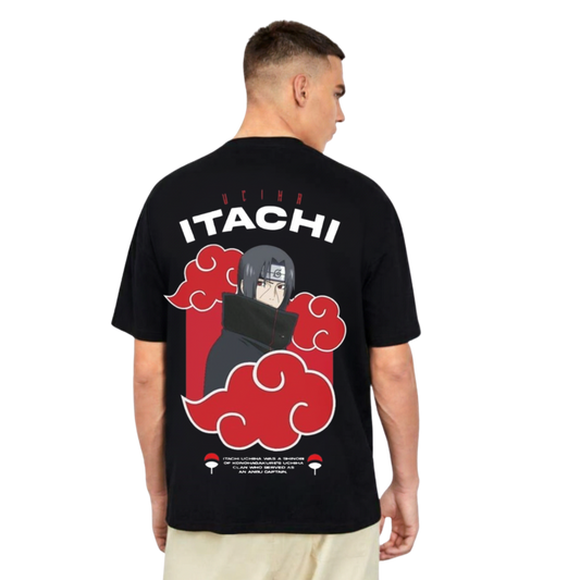 Black Itachi Uchiha T-Shirt featuring anime character graphic with red clouds and white text