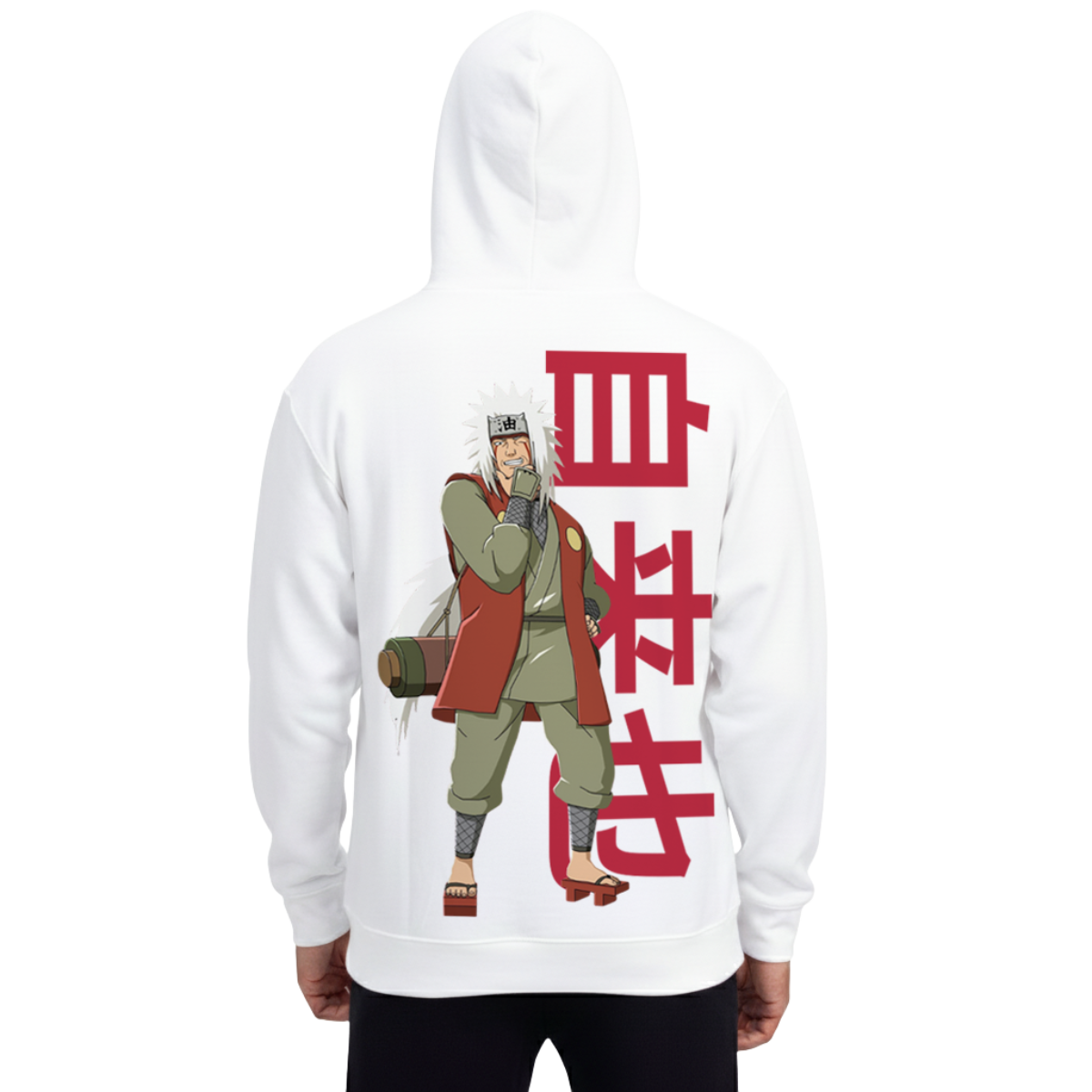 White hoodie featuring Jiraiya character and red Japanese text, Jiraiya Pervy Sage Hoodie Naruto merch