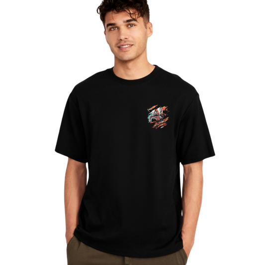 Young man wearing black Jiraya T-Shirt Pervy Edition with colorful anime graphic on chest