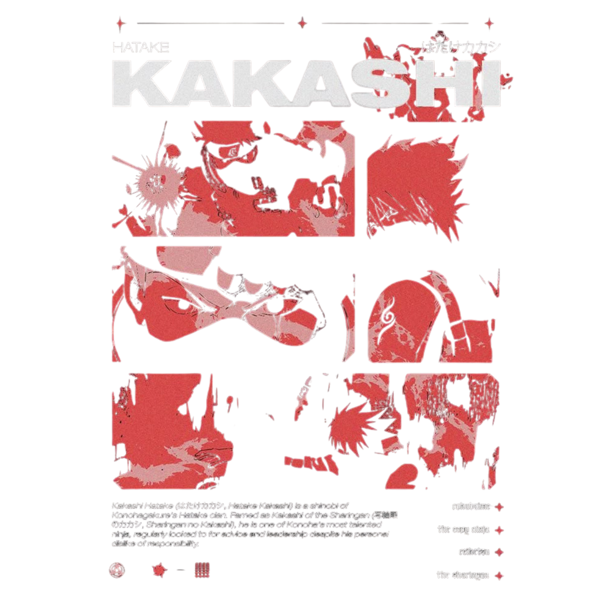 Stylized poster of a Kakashi Hatake  with red and white design elements on a white background.