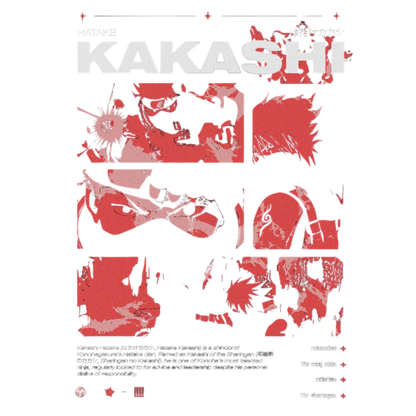 Stylized poster of a Kakashi Hatake  with red and white design elements on a white background.